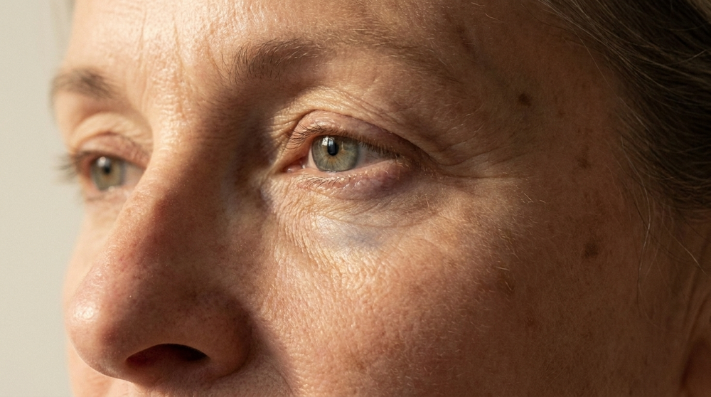 Contour de l'œil d'une femme de 55 ans, peau mature, lumière naturelle