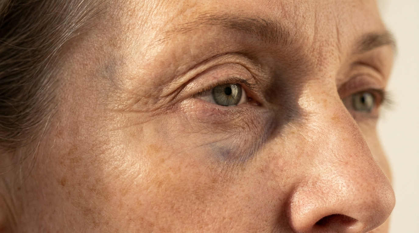 Contour de l'œil d'une femme de 55 ans, cadrage serré, lumière naturelle